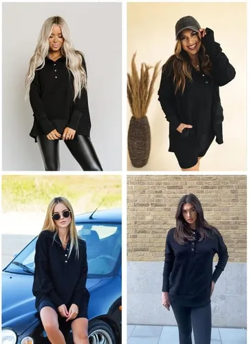 Vista 4 de SHEWIN Sudadera de gran tamaño para mujer, casual, con botones, cuello en V, con bolsillo