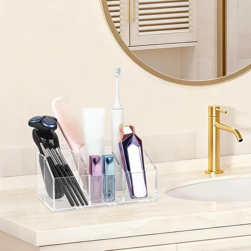 Vista 6 de Organizador de brochas de maquillaje transparente de acrílico con 6 ranuras para cosméticos, organizador de almacenamiento para encimera de tocador