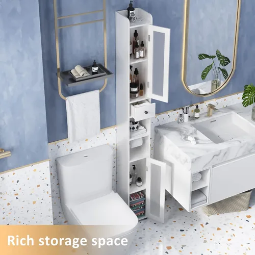 Vista 3 de Maupvit Armario de almacenamiento de baño con 2 puertas de vidrio esmerilado, armario de almacenamiento alto y estrecho con puertas y estantes