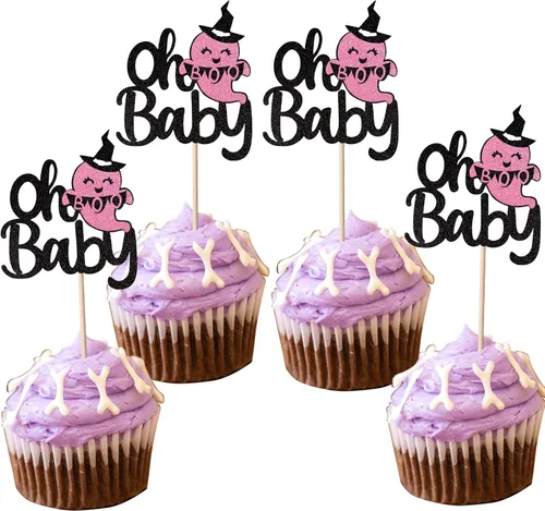 Vista 22 de Paquete de 24 adornos para cupcakes de Halloween con purpurina rosa, fantasma, pequeño abucheo, murciélago, bruja, gato, calabaza, magdalena