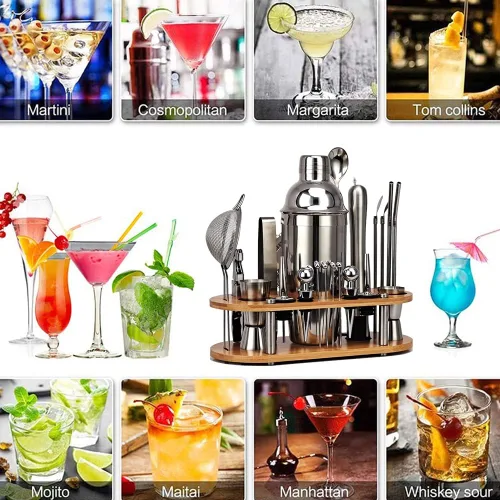 Vista 2 de DUEBEL Kit de barman Juego de herramientas de barra de mixología profesional de 24 piezas con bolsa de viaje y elegante soporte de bambú