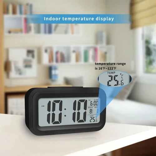 Vista 3 de Reloj despertador digital con temperatura interior, funciona con pilas, modelo con función de repetición, pantalla de 12/24H para dormitorios
