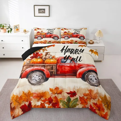 Vista 35 de Erosebridal Juego de edredón individual de pavo de Acción de Gracias, juego de ropa de cama de calabaza con hojas de otoño para niños y adultos