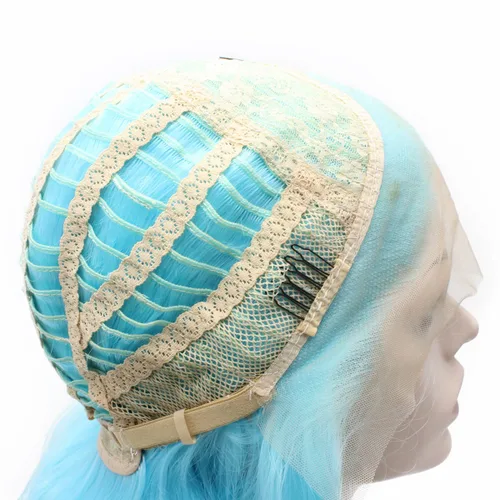 Vista 7 de mxangel largas Straight Azul Claro Sintético Lace Frente Peluca resistente al calor