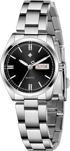 Vista 13 de Relojes para mujeres, cuarzo analógico, plateados, de acero inoxidable, luminosos, impermeables, reloj de vestir para damas negro (021 Black)