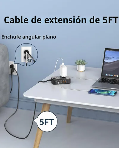 Vista 7 de Regleta de alimentación de viaje, estación de carga USB rápida de 65 W, cargador USB 7 en 1 máximo con 2 tomas, 3 USB C y 2 USB A, cable