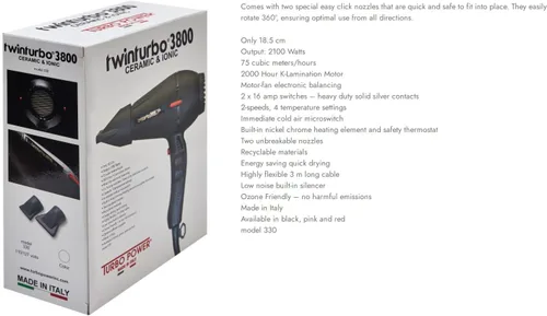 Vista 4 de Turbo Power TwinTurbo 3800 - Accesorio de soplado en caliente negro y tecnología iónica, respetuoso con el medio ambiente y M Hair Designs Hot Blow