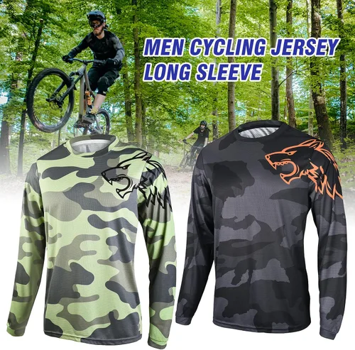 Vista 5 de Camisetas de ciclismo de montaña para hombre, manga larga, MTB Off-Road Motocross Jersey de secado rápido y absorbe la humedad