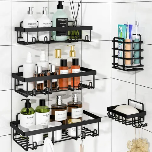 Vista 14 de Liuoud Shower Caddy 5 Pack XL-Size Adhesive Stainless Steel Organizer XL Capacity, With Strong Adhesive, Rustproof, No Drilling Wall Mount Shelvs