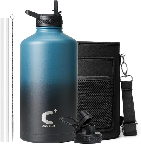 Vista 16 de Coolplus - Botella de agua de 32 onzas aislada, termo de agua de acero inoxidable con popote de metal de doble pared al vacío con funda de Negro