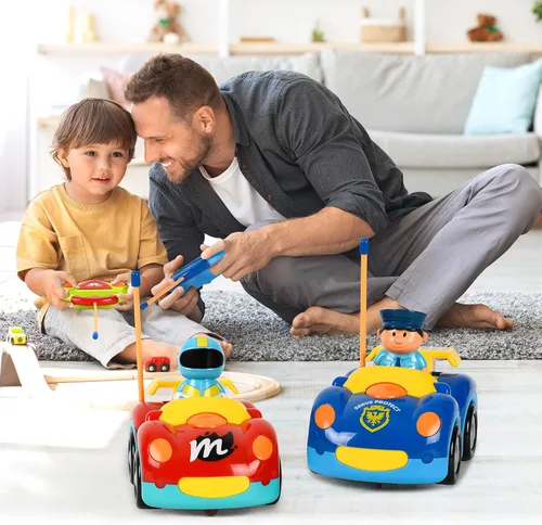 Vista 6 de Haktoys Carros de policía y carreras de dibujos animados a control remoto: juguetes RC para niños pequeños niños y niñas - Juego de 2 vehículos