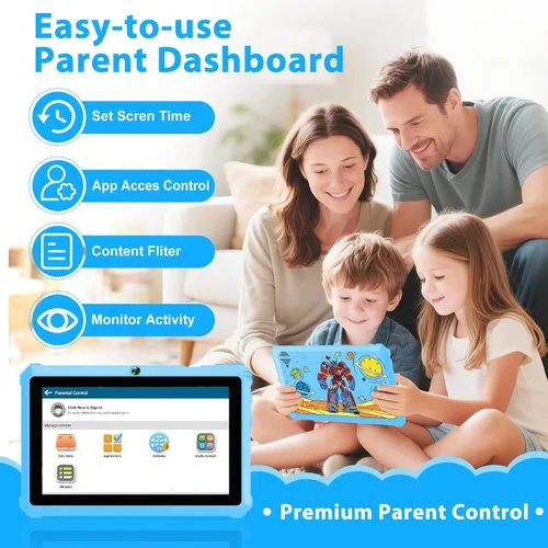 Vista 4 de YINOCHE Tableta Android para niños de 7 pulgadas para niños de 3 a 7 pulgadas, tabletas de 32 GB para niños pequeños con estuche WiFi control Azul
