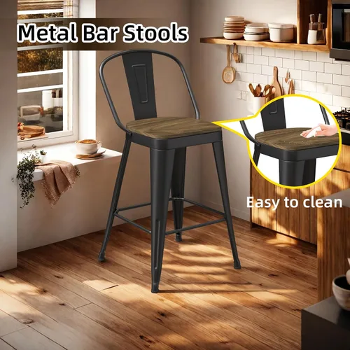 Vista 6 de Juego de 4 taburetes de bar de metal, taburetes de bar con respaldo alto con asiento de madera, taburetes de bar negros de 24 pulgadas para isla