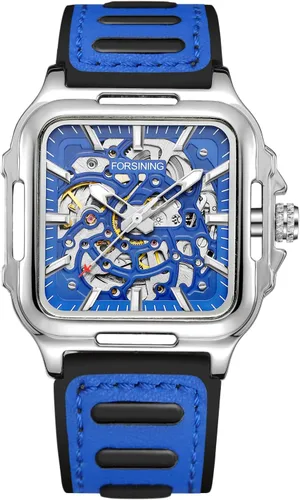 Vista 15 de FORSINING Reloj de pulsera con diseño de esqueleto impermeable para hombre, automático, steampunk, correa de silicona, luminoso cuadrado