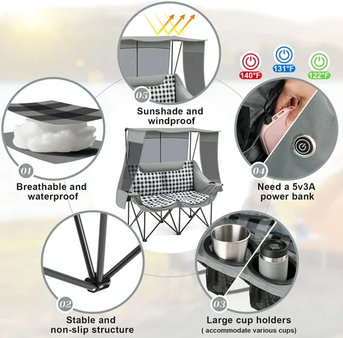 Vista 3 de Silla de campamento doble con toldo plegable de gran tamaño con techo, silla de césped resistente de 660 libras con bolsillo para soportes
