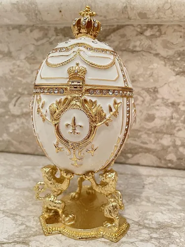Vista 7 de Faberge Huevo Joyero estilo oro de 24 quilates huevo ruso 5ct hecho a mano Leones joyas coronación 200 teléfonos diamantes de cristal 6.5 pulgadas