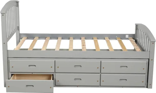 Vista 5 de Cama de almacenamiento de plataforma de tamaño individual, sofá cama individual de madera maciza con 6 cajones de almacenamiento, gris