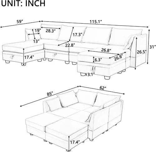 Vista 2 de Divertido y moderno sofá modular grande en forma de U como Lego, juego de sofá tapizado con otomana extraíble y asiento de almacenamiento, sofá cama