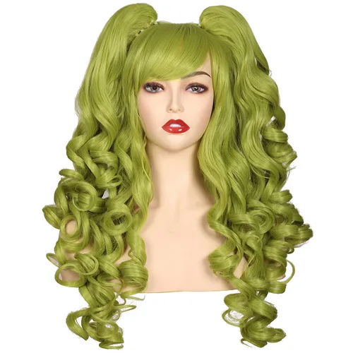 Vista 10 de ColorGround Peluca larga y rizada para cosplay con 2 colas de caballo (azul celeste)