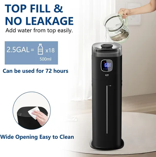Vista 3 de KZF Humidificador grande para dormitorio, humidificador ultrasónico de niebla fría de 9L/2.5 galones con humidistato, boquilla de 360°, nivel
