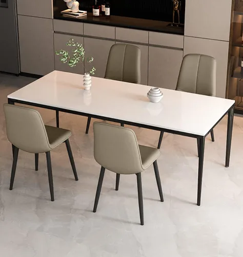 Vista 2 de Juego de sillas de comedor modernas, de piel sintética con asiento tapizado de 1.6 in, patas de acero al carbono de mediados de siglo, silla Beige