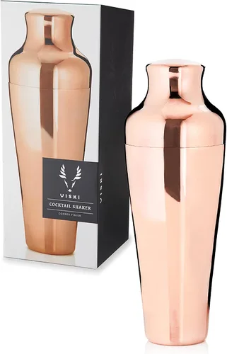 Vista 12 de Viski Coctelera parisina contorneada de acero inoxidable pulido de alto brillo con tapa y colador integrados, color negro, juego de 1 unidad de 25