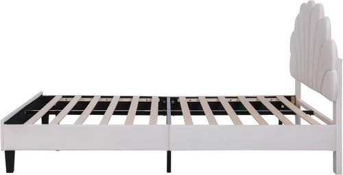 Vista 5 de Cama de plataforma tapizada de tamaño matrimonial con cabecera de terciopelo, no necesita somier, color beige