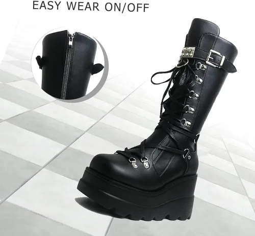 Vista 5 de CELNEPHO - Botas para mujer, estilo de combate, punk, de plataforma alta, hasta mitad de la pantorrilla, de cuña, con tacones altos y gruesos