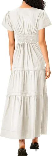 Vista 6 de Doshoop Vestido largo bohemio de verano para mujer, manga con volantes, cuello en V, fruncido, escalonado, escalonado, para playa, vestido largo