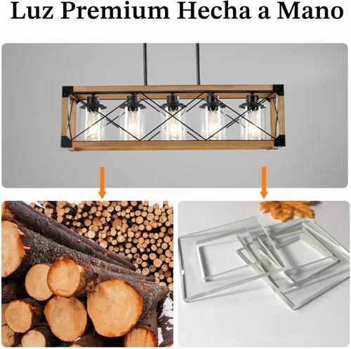 Vista 3 de Lámparas colgantes rústicas de casa de campo, candelabros para comedor y cocina, accesorios de luz de isla de 5 luces, candelabro de madera sobre