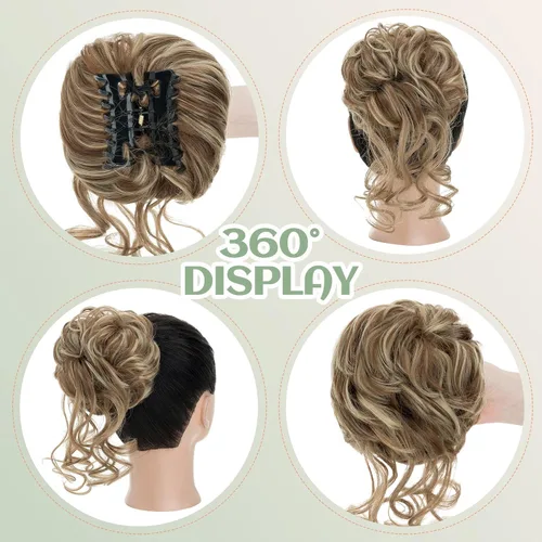 Vista 4 de S-noilite Extensiones de cabello rubio ondulado con clip de garra, extensiones de moño con clip de garra, extensiones de moño para mujer