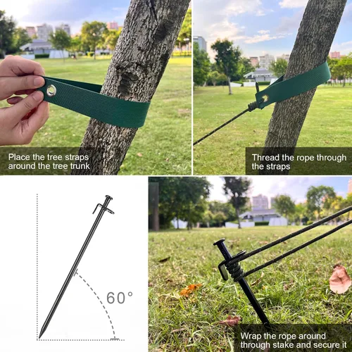 Vista 5 de Estacas y soportes para árboles, kit de estacas para árbol con correas para árboles y cuerda en patio al aire libre, 3 piezas de estabilizador