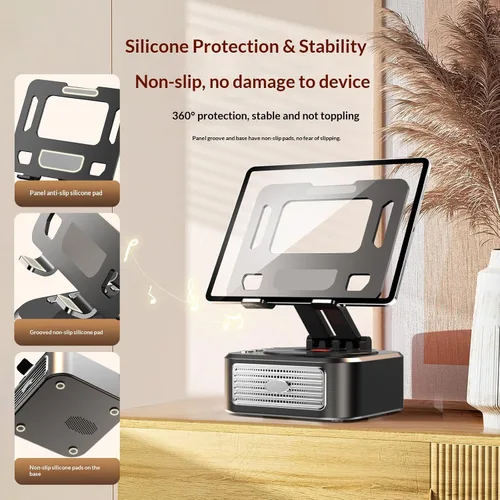 Vista 6 de Soporte para Tableta para Escritorio con Base Giratoria de 360° con Altavoz Bluetooth, Soporte Ajustable Compatible con iPad Pro 13 12 11 Air Mini 5