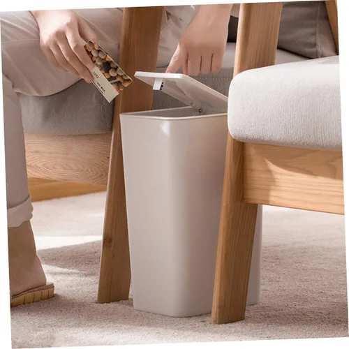 Vista 9 de Bote de basura delgado de plástico con tapa de prensa- para baño, cocina, oficina, color blanco