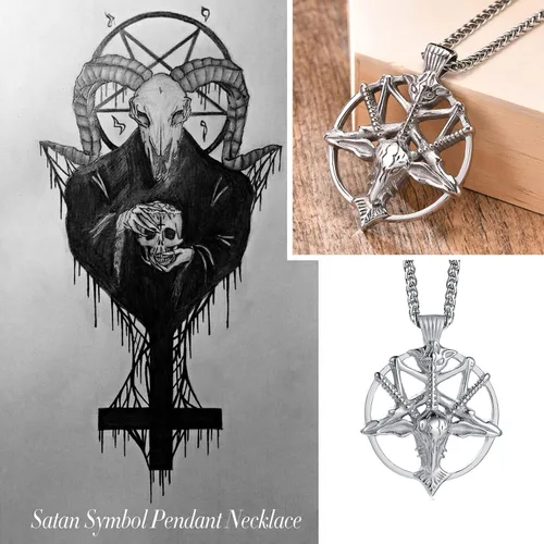 Vista 4 de Collar de pentagrama invertido de Satanás Colgante de calavera de cabeza de cabra baphomet de acero inoxidable, joyería satánica de cabra
