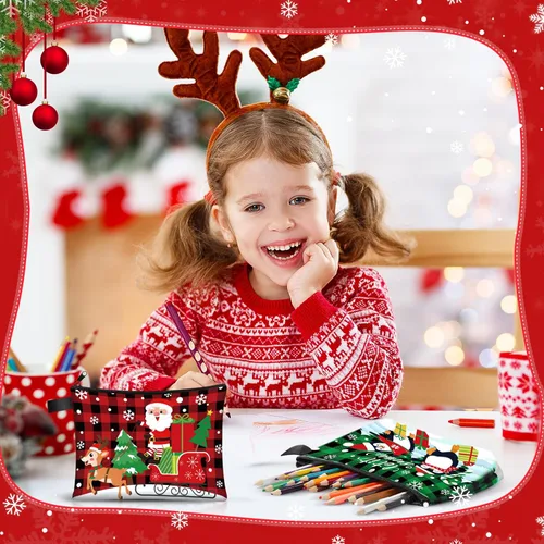 Vista 5 de Zonon Juego de 6 bolsas de maquillaje de lona de Navidad, pequeñas bolsas de cosméticos con cremallera portátil, bonita bolsa de estilo cuadros