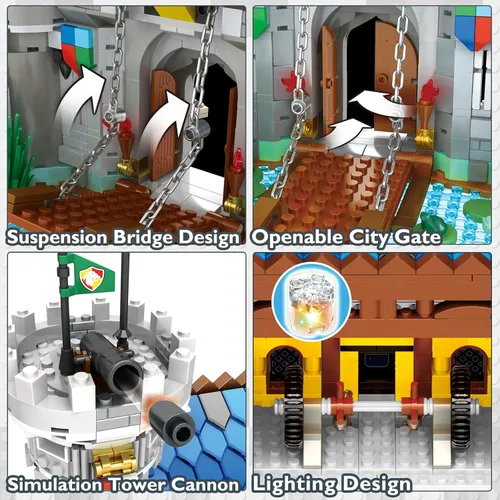 Vista 4 de JMBricklayer Juego de construcción de castillo medieval para adultos, ideas de modelo de casa, juego de construcción con luz LED, coleccionable