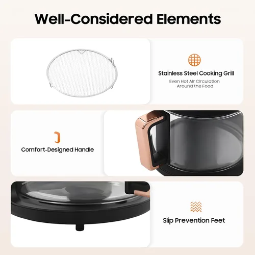 Vista 6 de Freidora de aire de vidrio de 4.44Qt 1200W, control de temperatura y tiempo 8 en 1 Black Non Toxic Air Fryer with Stainless Steel Grill 360° View