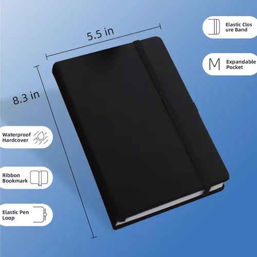Vista 2 de Cuaderno Diario Encuadernado de Liend Negro A5, Libreta de 7mm con Rayas Universitarias, Para Escritura, Trabajo, Escuela, Viajes y Toma de Notas