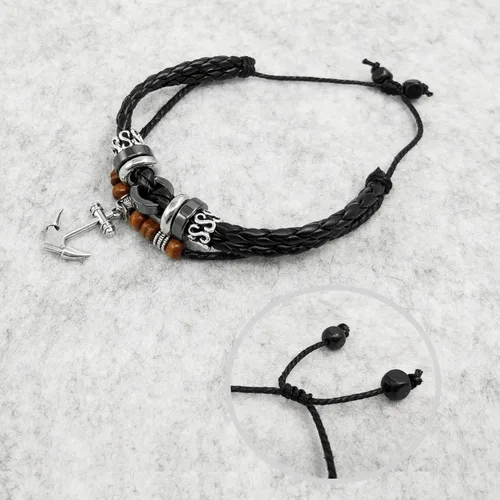 Vista 40 de Suyi brazalete ajustable con varias capas, de cuero tejido trenzado con cruz. Pulsera tipo esclava.