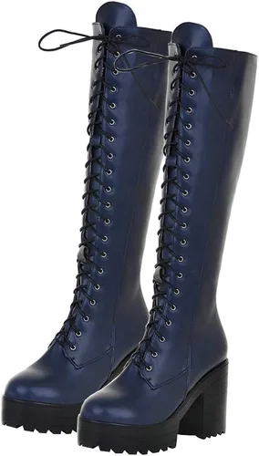 Vista 72 de Parisuit Botas góticas altas hasta la rodilla con hebilla de plataforma para mujer, tacón alto grueso, con cordones, botas de combate punk, con Negro