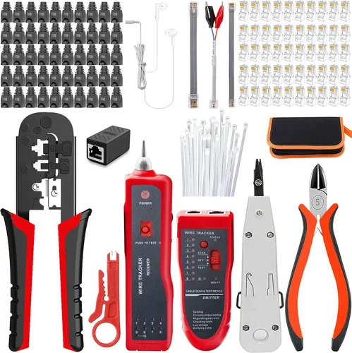 Vista 7 de LEATBUY Juego de crimpadoras CAT5 CAT6 RJ45, herramienta de crimpado Cat5e, 50 conectores, 50 cubiertas, probador de cables LAN de red, pelacables