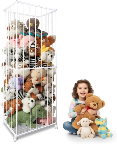 Vista 12 de Almacenamiento de animales de peluche, tubo de metal extra grande organizador de almacenamiento de juguetes con ruedas de freno, soporte