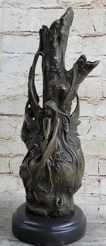 Vista 2 de EUROPEAN BRONZE Art Deco Nouveau - Jarrón de ninfa para mujer y niña, diseño de escultura de bronce firmado, figura de estatua decorativa, obra