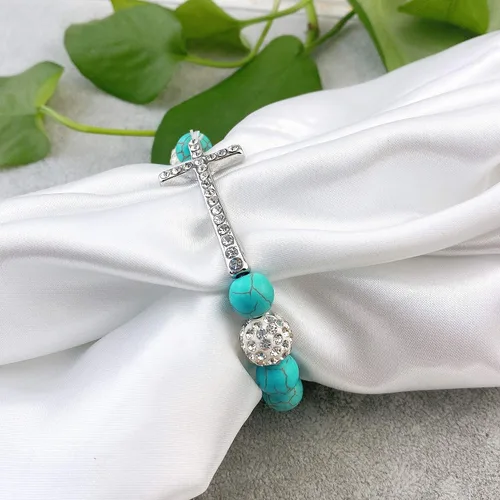 Vista 3 de Bocar Pulsera elástica de cuentas de cristal con cruz lateral chapada en metal