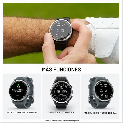 Vista 4 de Garmin Approach® S44, reloj inteligente GPS esencial para golf, pantalla AMOLED, funciones en el campo, bisel de aluminio plateado con banda de Negro