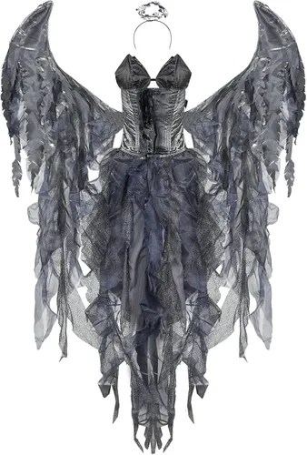Vista 2 de WOSJKDJ Disfraz sexy de ángel para adultos, disfraz de Halloween para mujer, disfraz de cosplay con alas y halo de deseo, vestido de ángel caído
