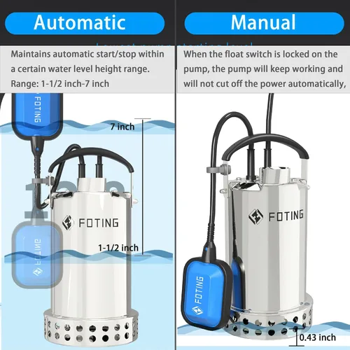 Vista 4 de FOTING Bomba de sumidero de acero inoxidable 304 completa con interruptor de flotador, bomba de agua sumergible automática de 1 HP 4600 GPH
