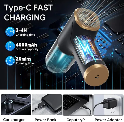 Vista 5 de Aspiradora de mano portátil inalámbrica para automóvil, 12000 PA, mini aspiradora de alta potencia y plumero de aire, aspiradora de mano 4 en 1