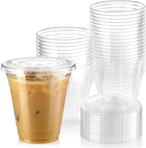 Vista 11 de Fit Meal Prep Paquete de 50 vasos de plástico transparente de 9 onzas con tapas planas, tazas desechables para café helado, sin BPA, taza de batido